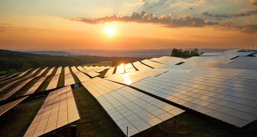 Placas solares para la transformación energética en el campo con el cielo atardeciendo y el sol incidiendo sobre ellas Foto: Repsol