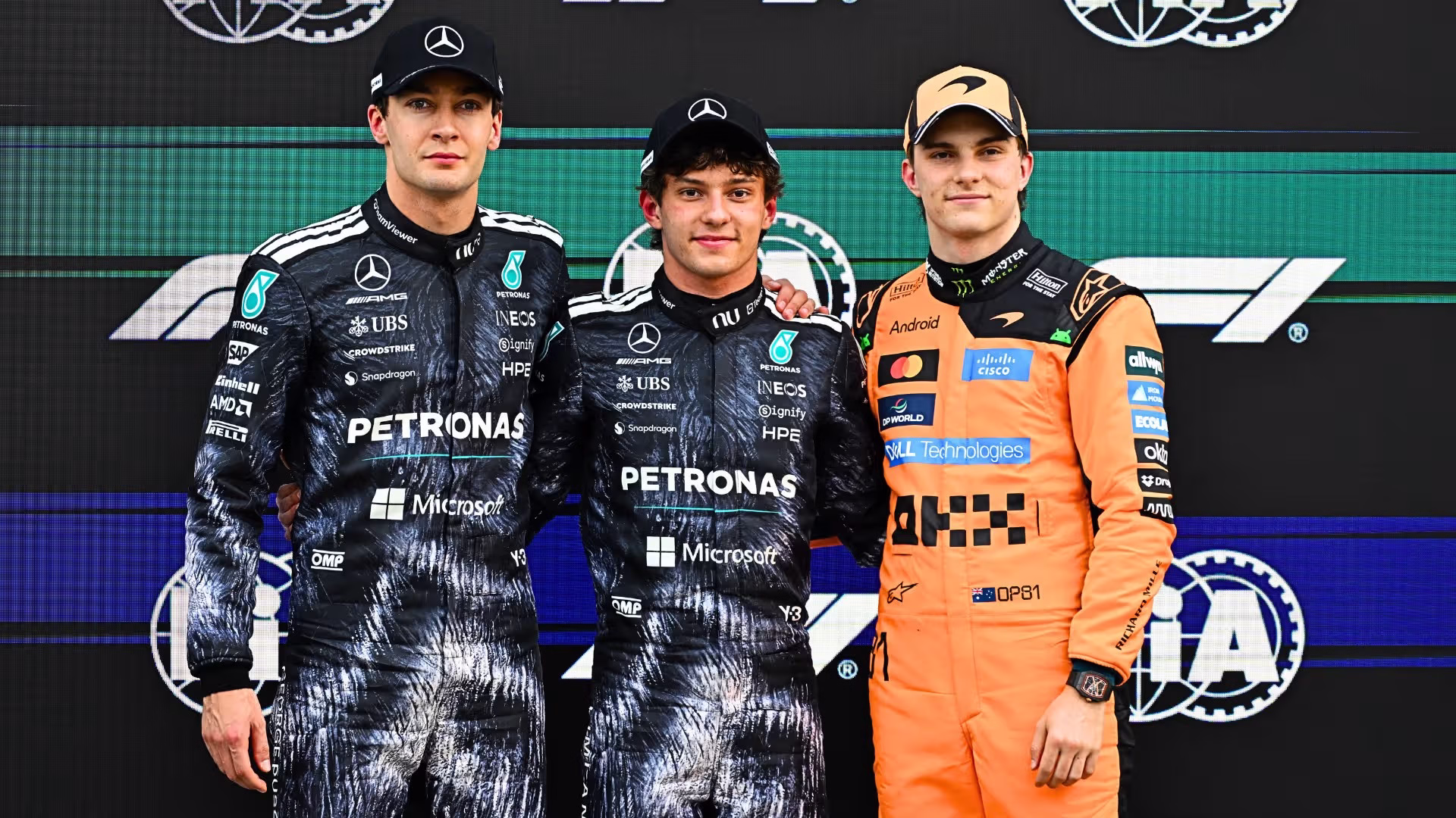 Andrea Kim Antonelli en el podio junto a George Russell y Oscar Piastri | Foto: Cortesía F1.com